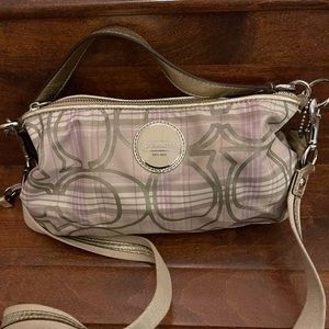 Cute spring Coach lilac/gold/beige crossbody purse with silver hardware